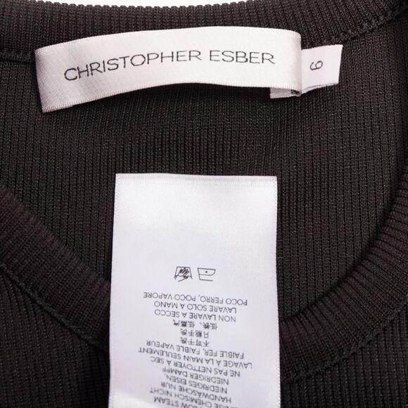CHRISTOPHER ESBER black ribbed brown floral acrylic cut out bodycon dress UK6 XS - Picture 8 of 9